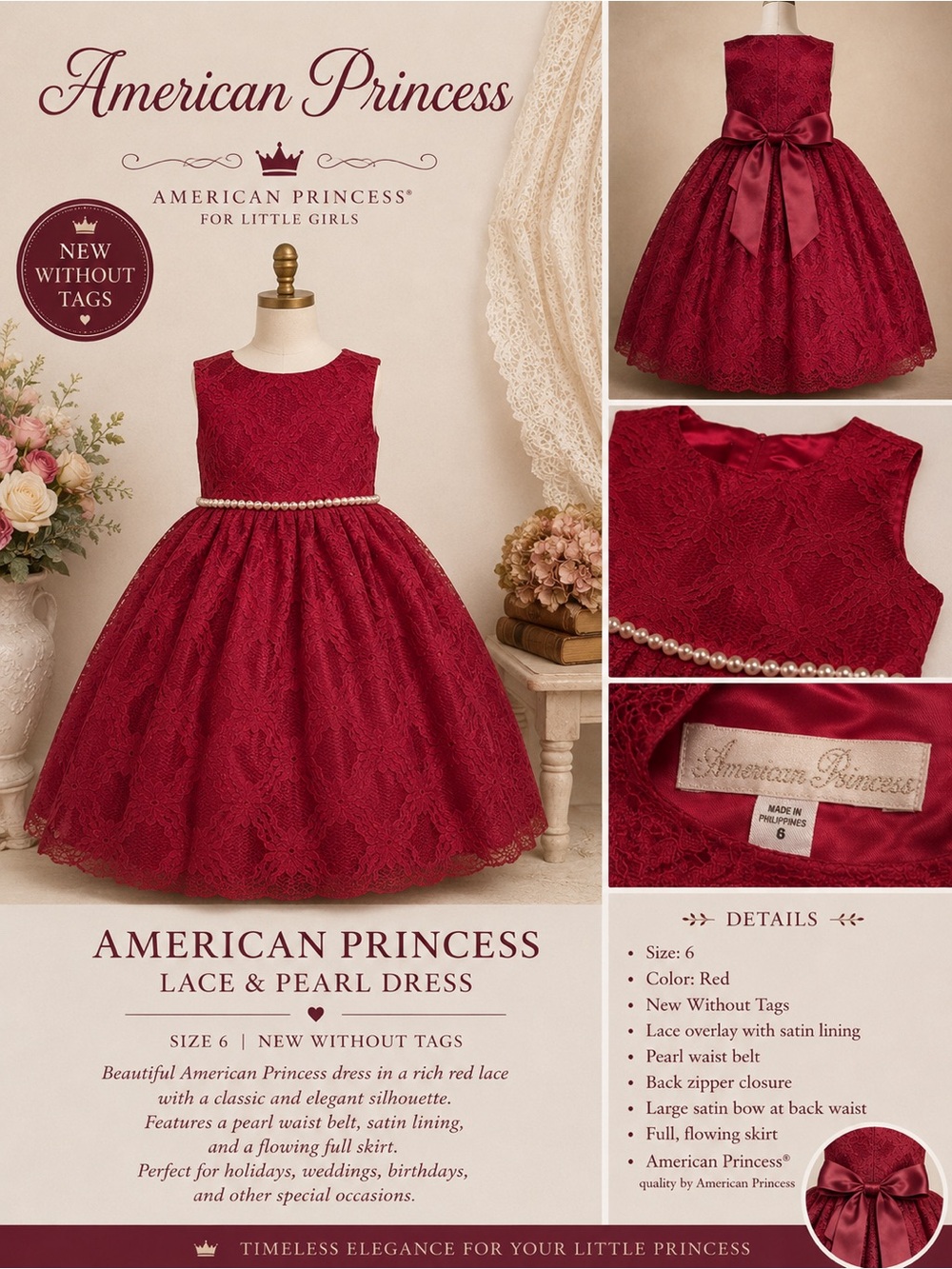 American Princess Red Lace Dress with Pearl Waist